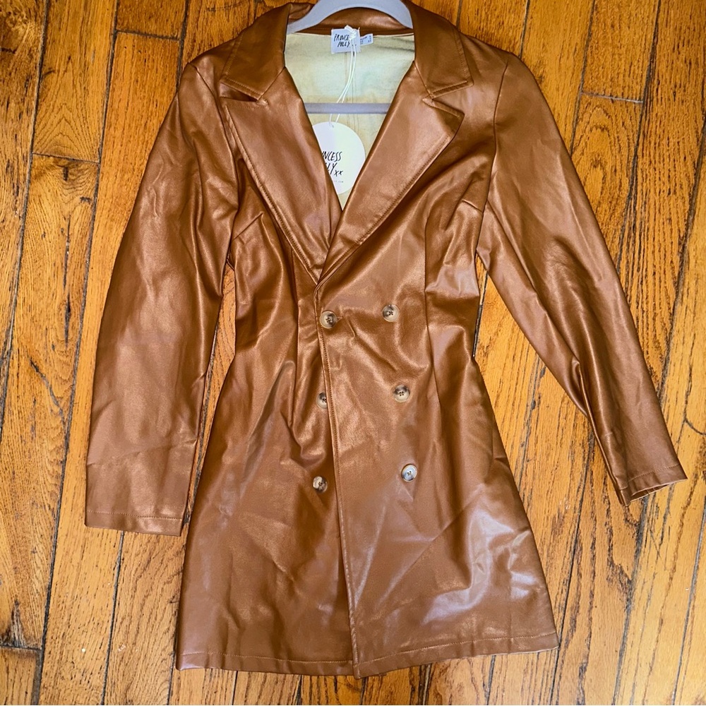 Brown Double-Breasted Faux Leather Coat